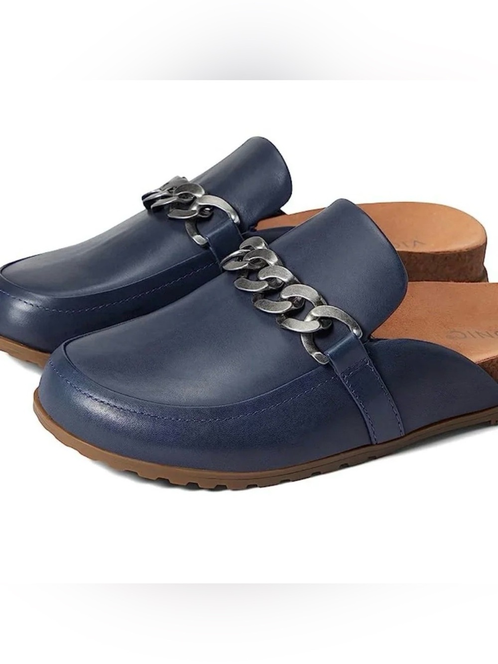 Vionic Navy Leather Chain-Detail Mules